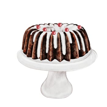 Chocolate cake watercolor. Hand drawn traditional holiday cake. Clip art of chocolate pastry on isolated white background. Ideal for cookbook and bakery menu. High quality photo