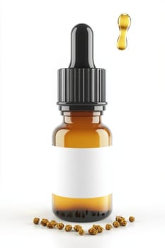 Glass dropper bottle filled with a golden liquid is dripping, showcasing its potential for beauty, health, or pharmaceutical applications