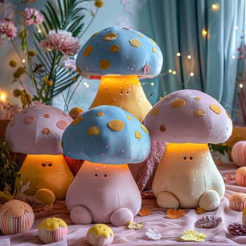 A group of mushroom shaped stuffed animals are sitting on a table. The table is covered with a pink cloth and there are several cupcakes and a bowl of apples nearby