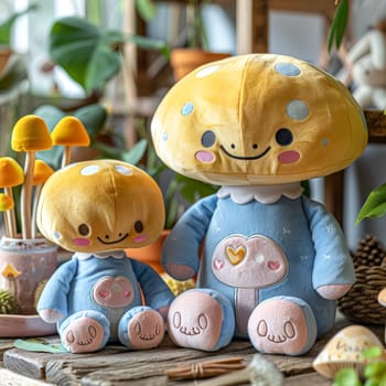Two stuffed mushrooms, one of which is smiling. The other is sitting on a table. The table is covered with plants and other items