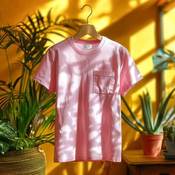 A pink shirt is hanging in front of a window. The shirt is hanging on a wooden surface and is the only object in the image