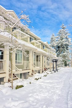 Row of residential townhouses on bright winter day in Vancouver, BC.