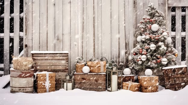 Vintage Christmas outdoor scene with gifts and baubles covered in snow. Generated AI