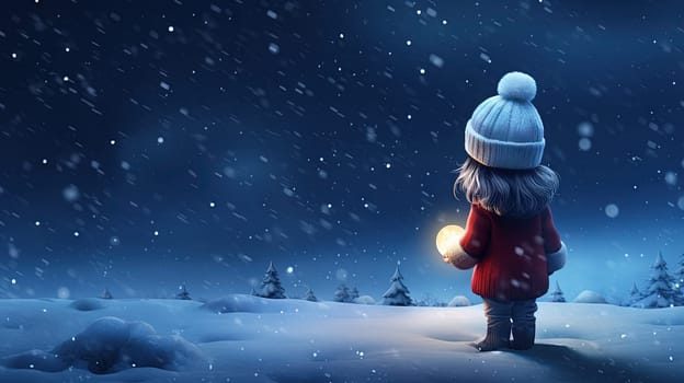 Girl waiting for Santa Claus and Christmas miracles on the snowy street. Generated AI