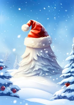 Santa hat on the snow for Christmas celebration. Winter holidays card with Santa cap. Generated AI