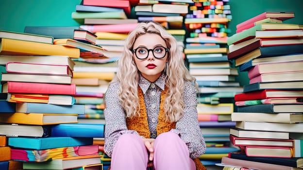 Cute girl with glasses sitting surrounded by the books. Books around the schoolgirl in colorful scene. Generated AI