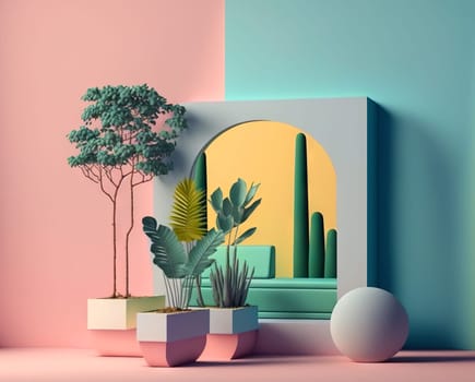 Abstract colorful interior with plants and minimalistic decorations. Vivid colored architectural background. Generated AI