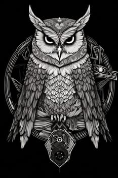 Wild owl with mystic design elements. Occult wise bird black and white symbol in vintage style. Generated AI.