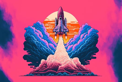 Rocket launch in the clouds and flames. Space ship taking off, starting the flight. Generative AI