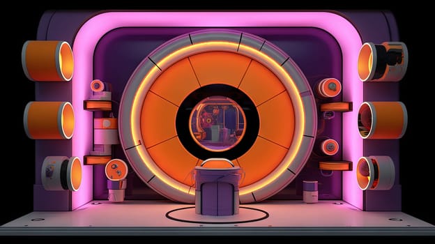 Spaceship or lab interior in retro futuristic sci-fi style with round doors. Generated AI