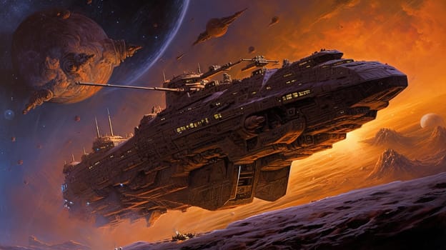 Space ships battle over alien planet in 80s books style. Retro science fiction illustration. Generated AI