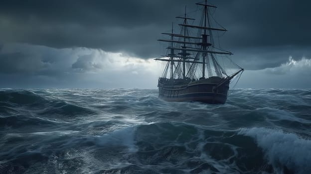 Ship in the stormy sea with huge waves. Giant stormy waves in the ocean and boat. Generated AI
