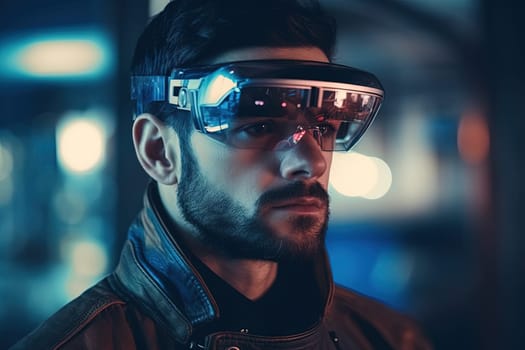 AR glasses technology concept with transparent goggles. Augmented reality futuristic immersive experience. Generated AI
