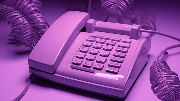 Vaporwave styled scene with retro phone and palms in purple color. Generated AI