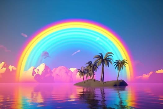 Palm trees and rainbow 80s landscape in vaporwave style. Retrowave vacation background with tropical sunset and palms. Generated AI