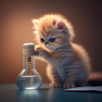 Cure white kitten doing science homework. Small cat watching the experiment in transparent flask in the lab. Generative AI