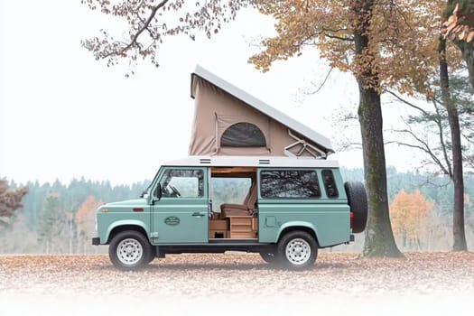 Camper van is parked in a field, its doors open to a beautiful day. The van is a symbol of freedom and adventure, and it's the perfect way to explore the great outdoors