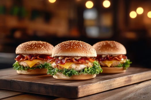 Three juicy tasty hamburgers lie on a wooden table in a bar or cafe. High quality photo