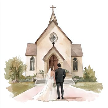 Image of bride and groom near church. High quality photo