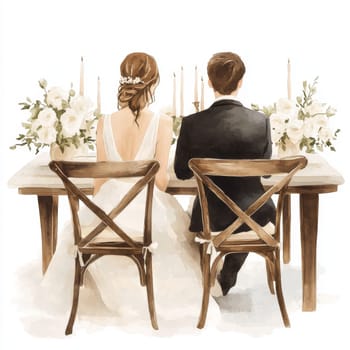 Image of the bride and groom in wedding dresses. They are sitting on chairs at the wedding table. Rear view. High quality photo