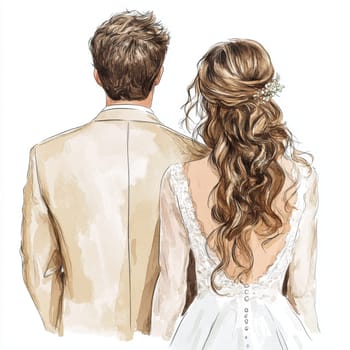 Image of the bride and groom in wedding dresses. Rear view. High quality photo