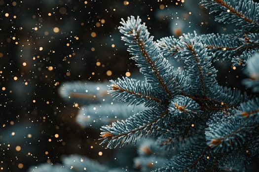 A branch of a coniferous tree covered with snow in a winter forest. High quality photo