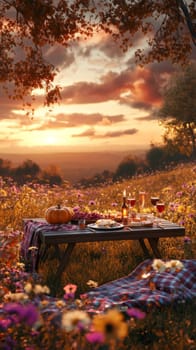 A very beautifully set table in nature, in a cozy autumn garden. High quality photo
