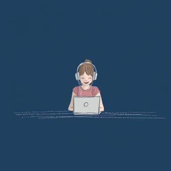 Teenage girl sitting at laptop in pink glasses and headphones on blue background. High quality photo