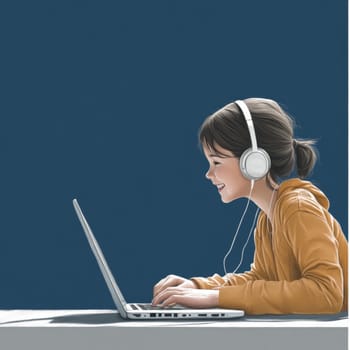 Teenage girl sitting at laptop in pink glasses and headphones on blue background. High quality photo