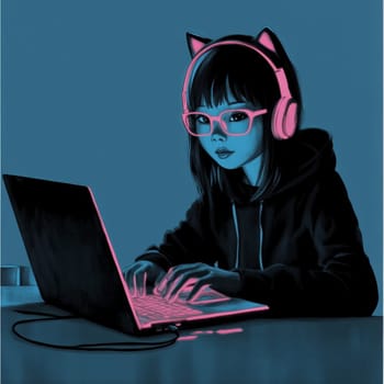 Teenage girl sitting at laptop in pink glasses and headphones on blue background. High quality photo