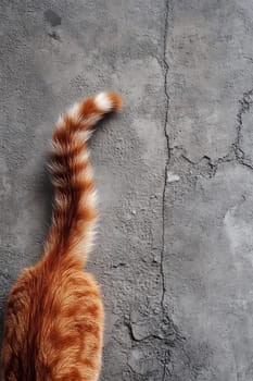 Ginger cat on a gray background, top view. Cat's tail. High quality photo