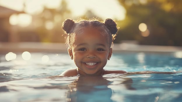 Cute preschooler girl bathing in the pool, learning to swim. High quality photo