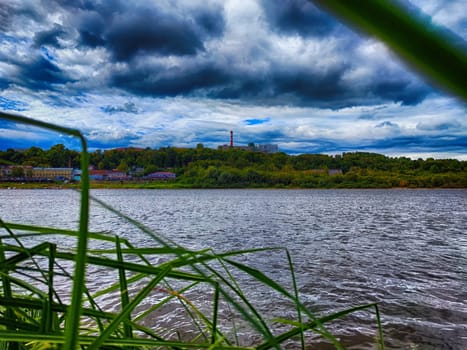 Tall grasses frame the view of a river under a dramatic, cloudy sky with distant trees and buildings lining the shore.