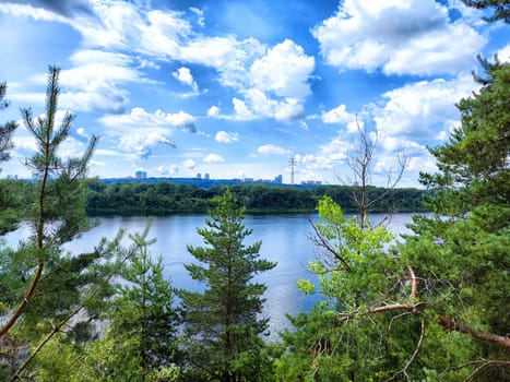 Tall green trees surround a peaceful river reflecting clouds, highlighting the harmony between nature and the distant city skyline.