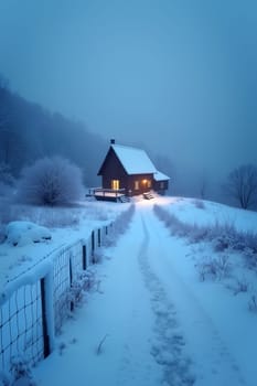 A charming cabin glows softly amidst a snowy landscape, with a path leading through the fog in the quiet of night - Generative AI