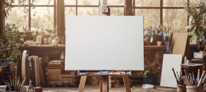 White canvas on wooden easel in artist studio with paintbrushes and natural light, inspiring creativity and artistic expression