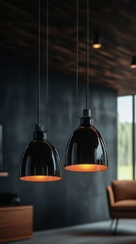 Black pendant lamps with warm light illuminating a stylish, modern interior