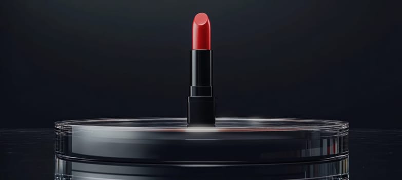 Red lipstick is standing on glass podium on dark background, creating elegant and luxurious atmosphere