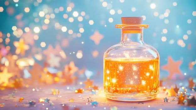 Magical golden potion glowing inside a glass jar surrounded by sparkling stars, creating an enchanting, dreamy atmosphere