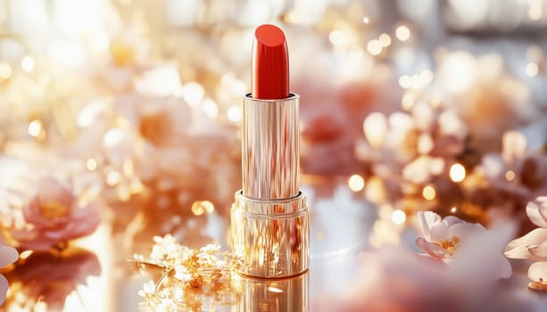 Red lipstick in golden tube standing on reflective surface with string lights and flowers creating warm romantic atmosphere