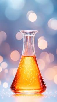 Glass bottle containing a vibrant, orange liquid sparkling against a backdrop of festive bokeh