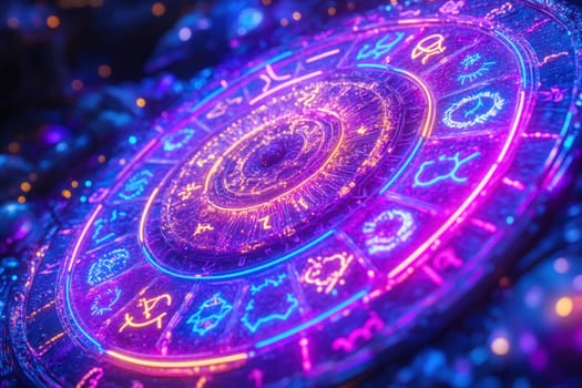 Circular zodiac wheel glowing with neon light, featuring astrological signs and futuristic design