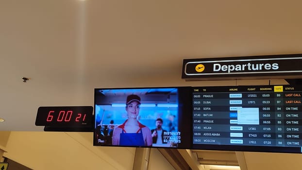 15 October 2024 Tel-Aviv Israel Ben Gurion airport, Terminal 3, aircraft departures board, tourist lounge. High quality photo