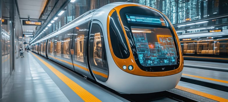 Futuristic subway train waiting at a modern underground station platform, showcasing advanced public transport