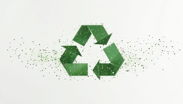Recycle symbol transforming into digital particles, highlighting the connection between technology and environmental sustainability