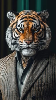 Tiger headed man wearing formal suit posing in front of green curtain, concept of power and elegance