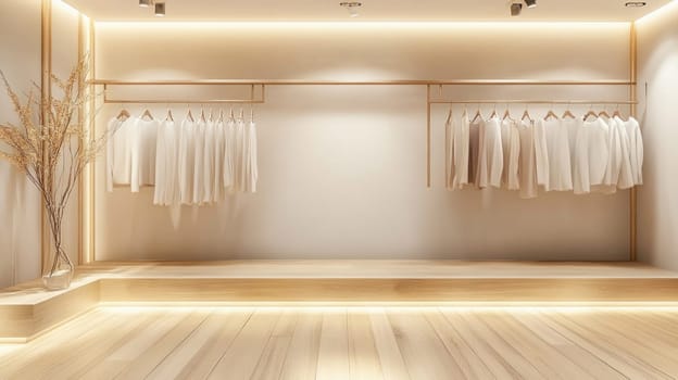 Warmly lit minimalist clothing store interior featuring wooden accents, clothes racks, and an empty platform