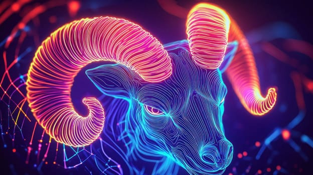 Colorful neon ram head with large horns emerging from an abstract background, representing futuristic concepts and digital art