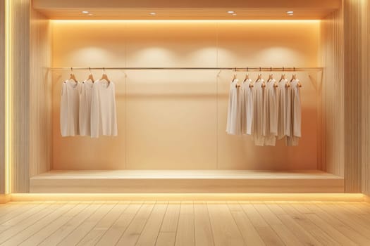Modern, minimalist clothing store interior showcasing white shirts on hangers, with warm lighting and wooden accents