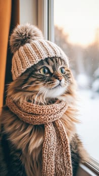 Adorable cat wearing warm winter clothes gazes out the window on a snowy day